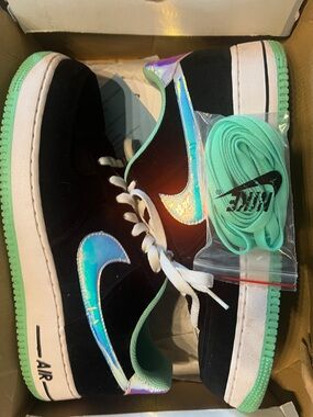 Nike Black Suede Low-Top Sneakers with Iridescent Blue-Green Swoosh